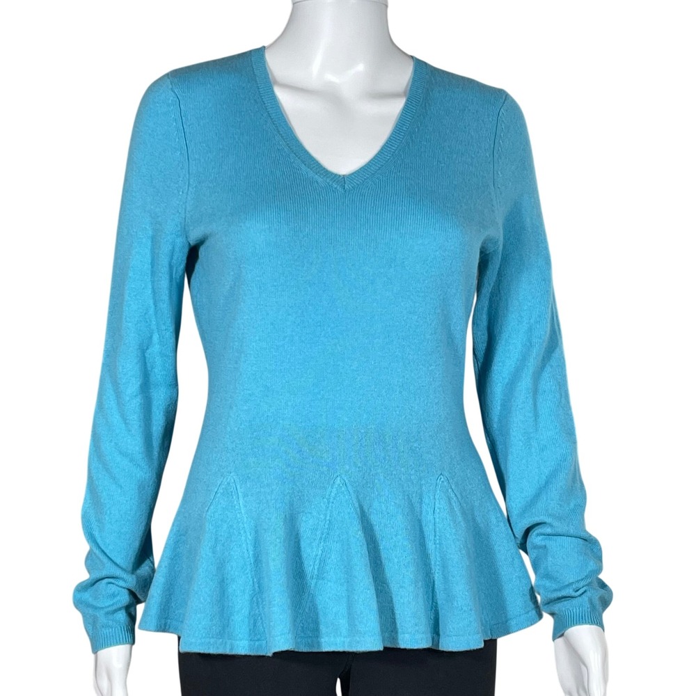 Alex Marie Cashmere Sweater Womans S Turquoise Aqua Blue V-Neck Peplum Hem